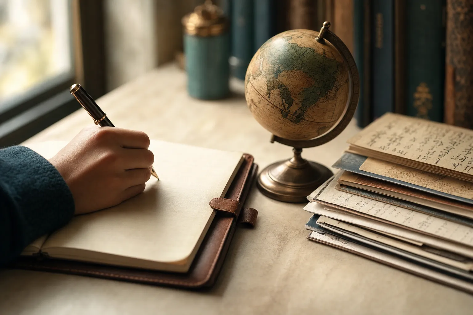 A hand writing notes in a notebook beside a small globe and a stack of documents.