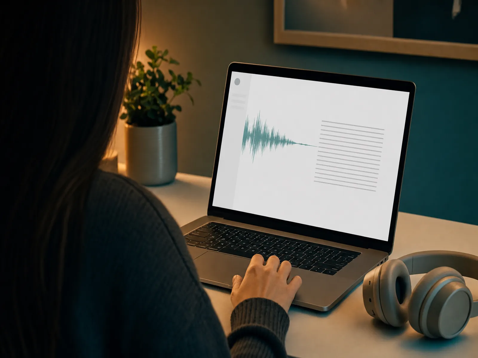 A laptop screen showing an audio waveform being converted into written text.