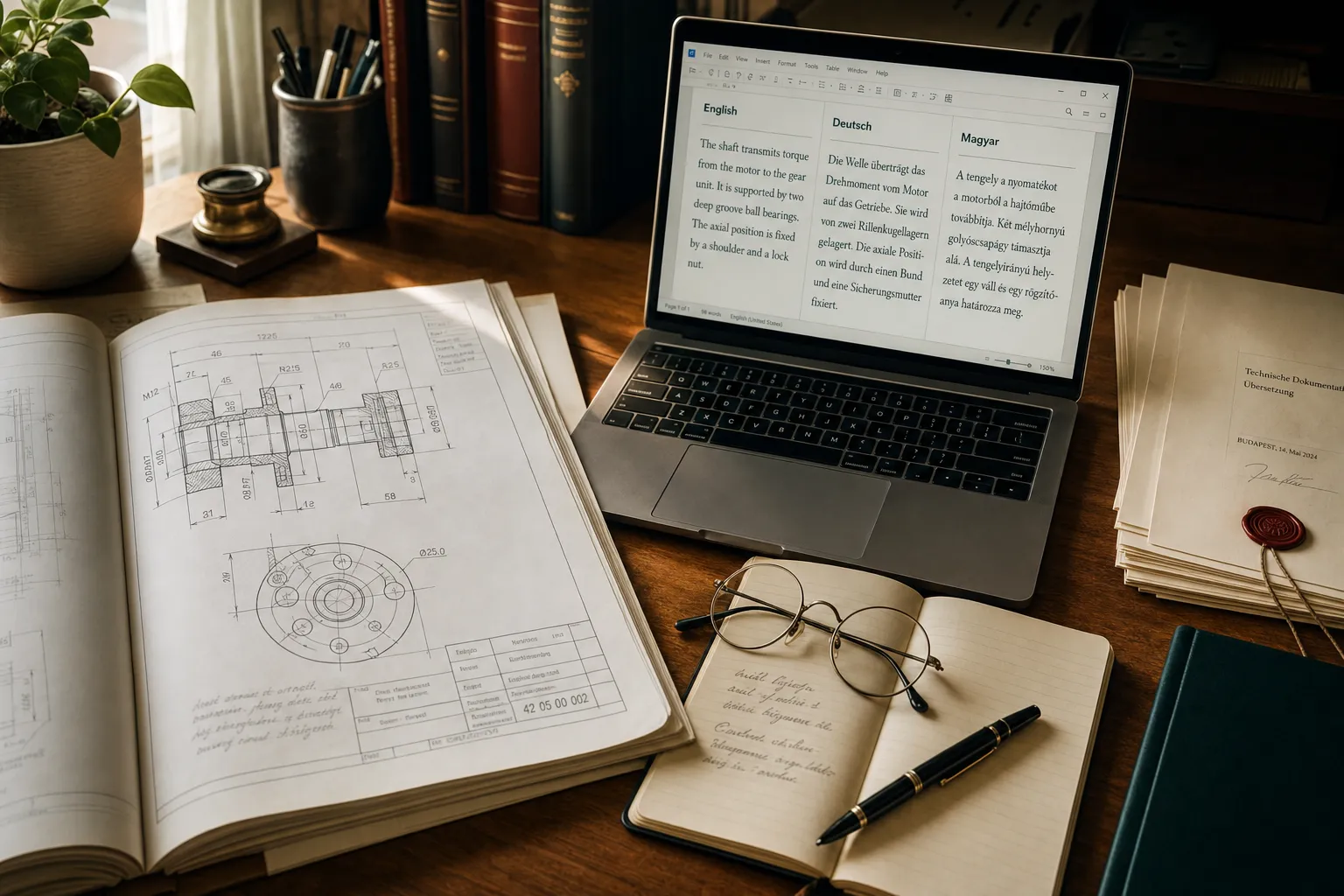 A translator's desk with an open mechanical engineering blueprint, a laptop showing an English, German and Hungarian document side by side, and stamped official documents.